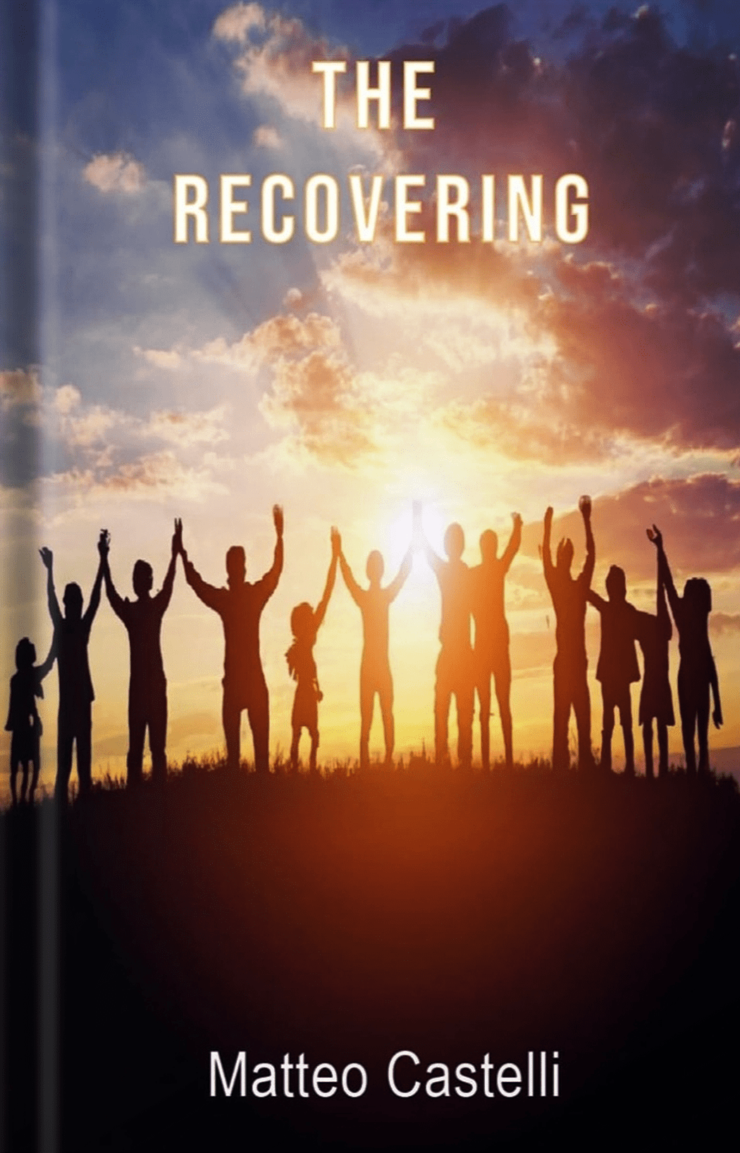 A black background with a book titled "The Recovering" on top